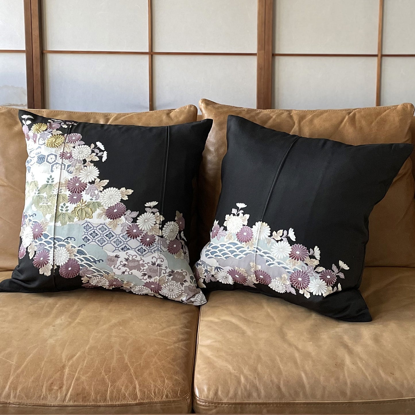 黒留【菊、吉祥文様尽くし】アンティーク クッション(2個/セット)