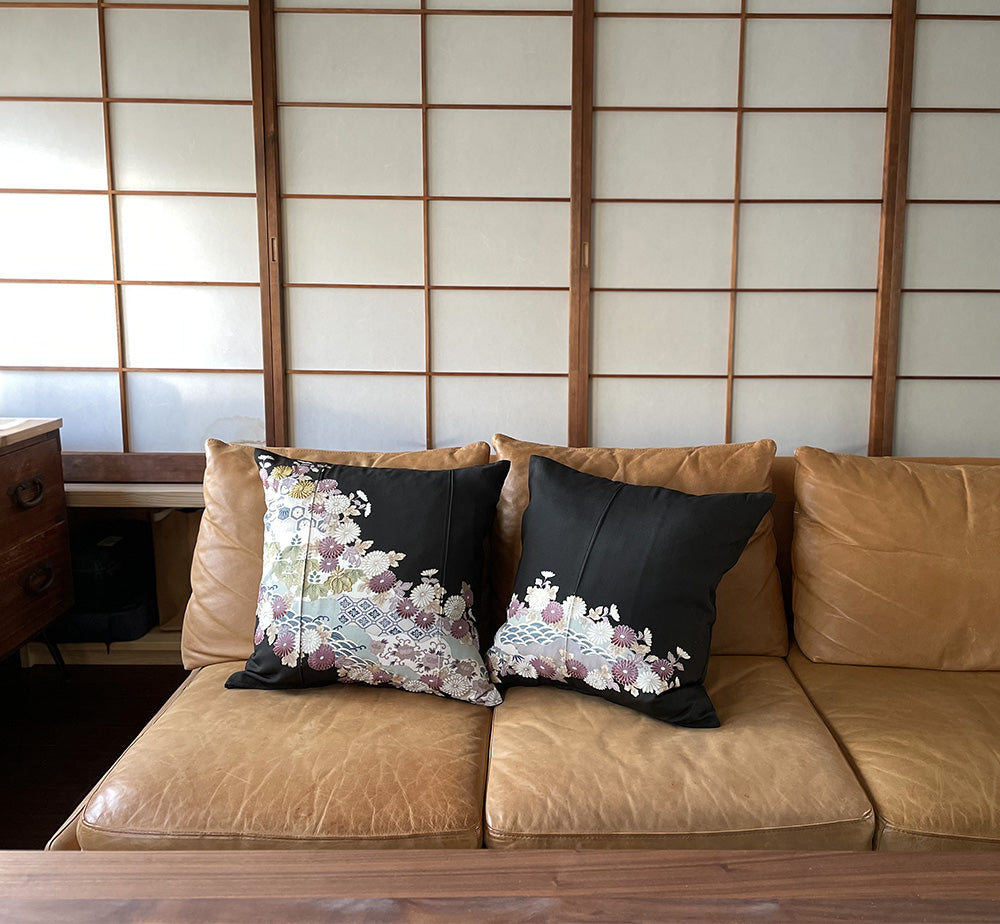 黒留【菊、吉祥文様尽くし】アンティーク クッション(2個/セット)